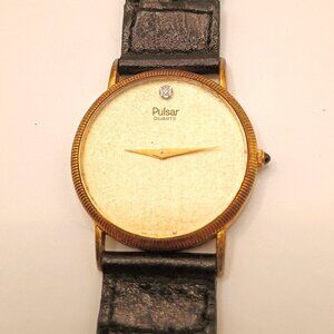 Pulsar Gold Toned Men's Wristwatch with Black Genuine Leather Strap